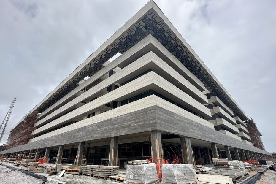 Cité Ministérielle government complex in Cotonou, Benin, with stone cladding facade