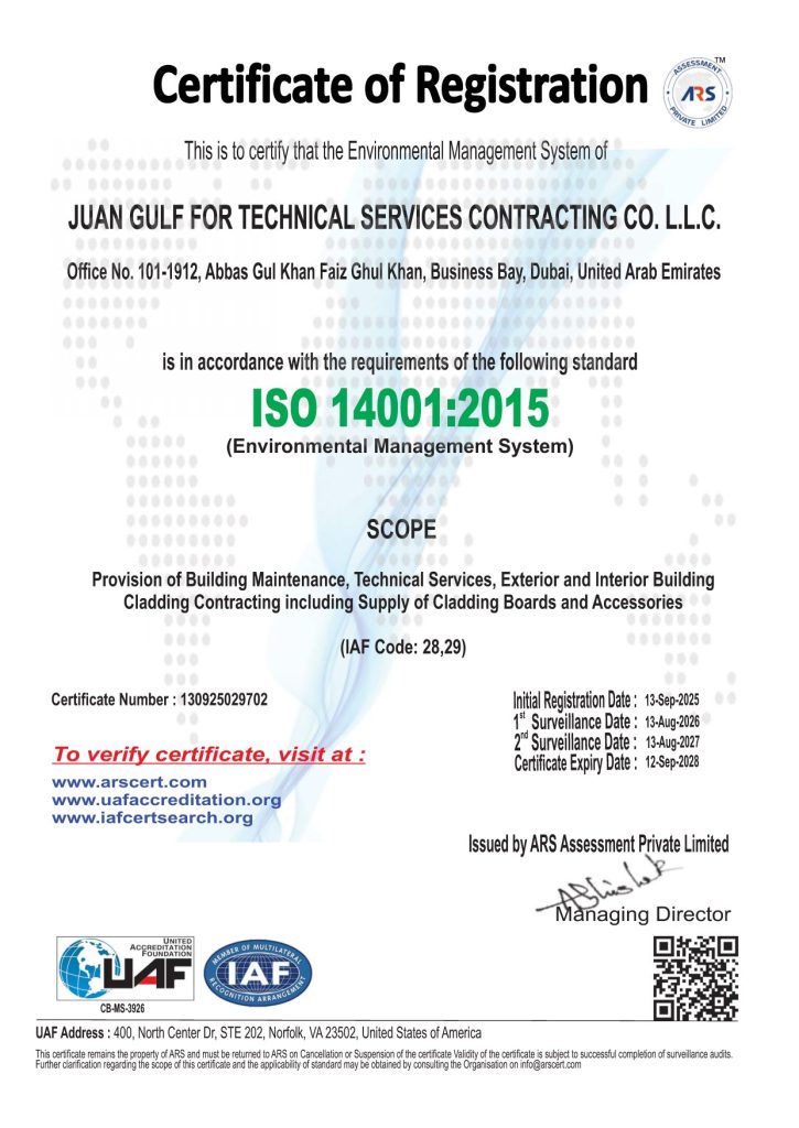 ISO 14001:2015 Environmental Management System certificate of registration issued to Juan Gulf for Technical Services Contracting Co. L.L.C.