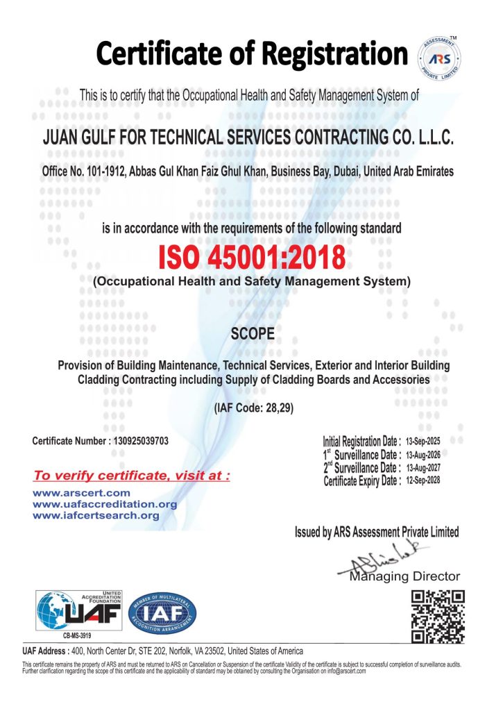 ISO 45001:2018 Occupational Health and Safety Management System certificate of registration issued to Juan Gulf for Technical Services Contracting Co. L.L.C.