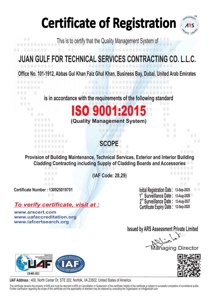 ISO 9001:2015 Quality Management System certificate of registration issued to Juan Gulf for Technical Services Contracting Co. L.L.C.