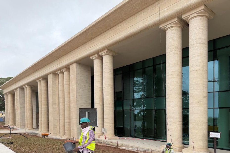 The Museum of Contemporary Art in Cotonou, Benin, with a colonnade of stone-clad columns